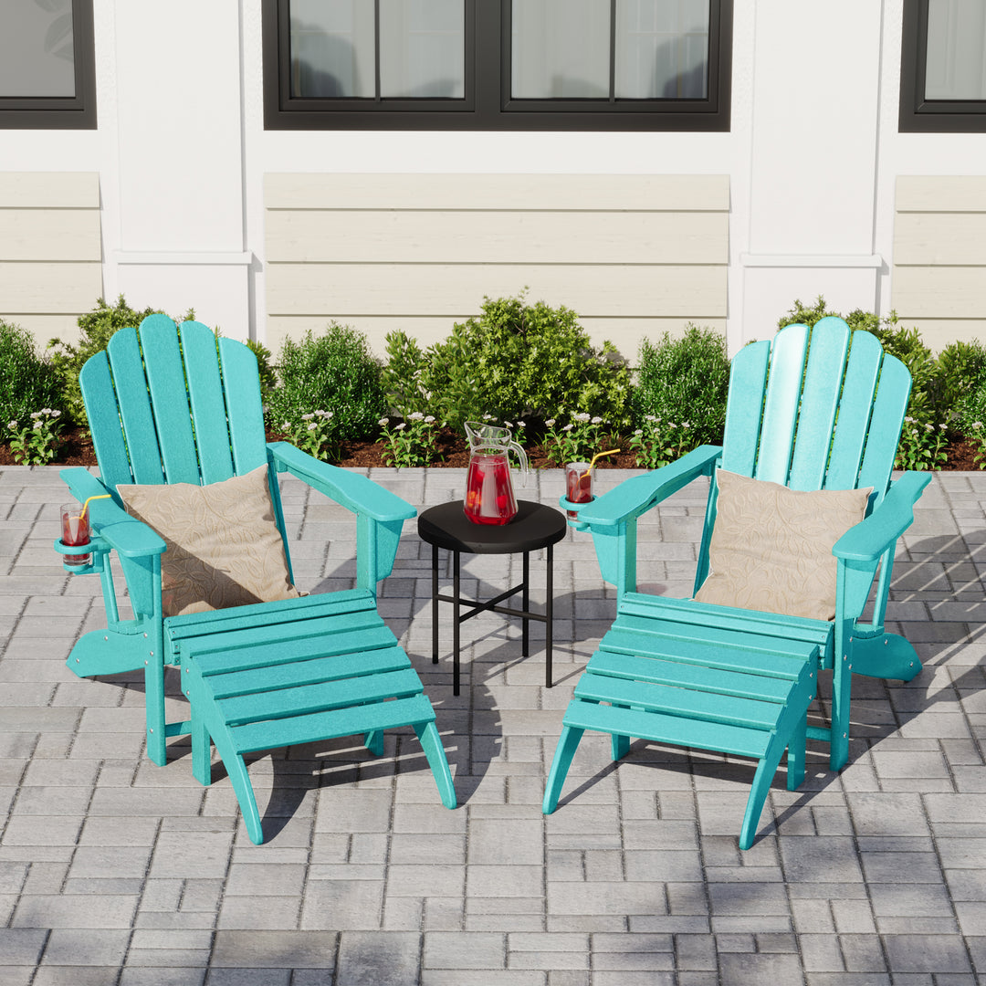 Highland 4-Piece Outdoor Patio HDPE Adirondack Chairs With Ottomans and Cup Holder Set