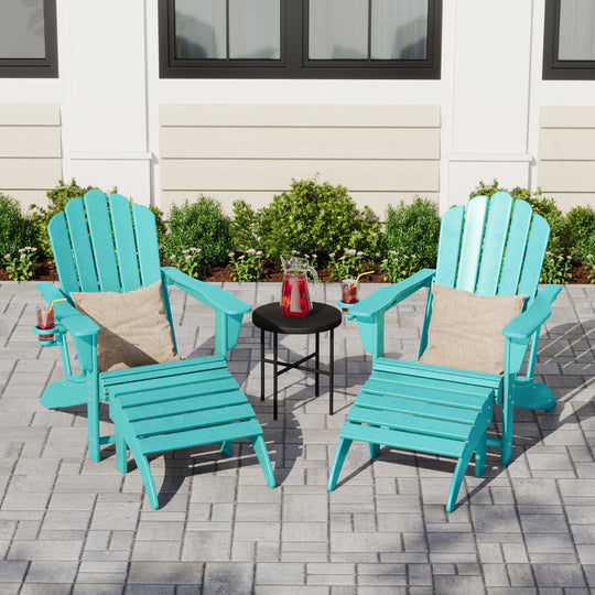 Highland 4-Piece Outdoor Patio HDPE Adirondack Chairs With Ottomans and Cup Holder Set