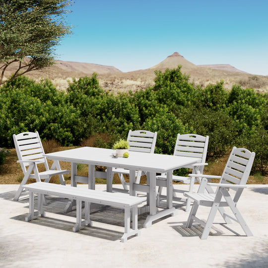 Malibu 6-Piece HDPE Rectangular Patio Dining Table Set with Foldable Chairs and Patio Bench
