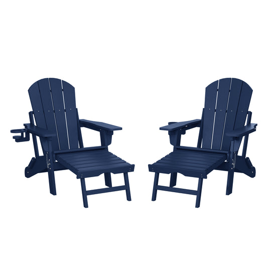Malibu Folding Adjustable Adirondack Chair with Retractable Ottoman and Cup Holder (Set of 2)