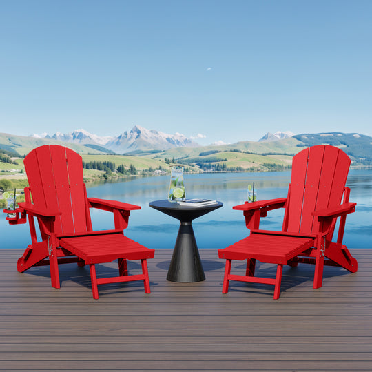 Malibu Folding Adjustable Adirondack Chair with Retractable Ottoman and Cup Holder (Set of 2)