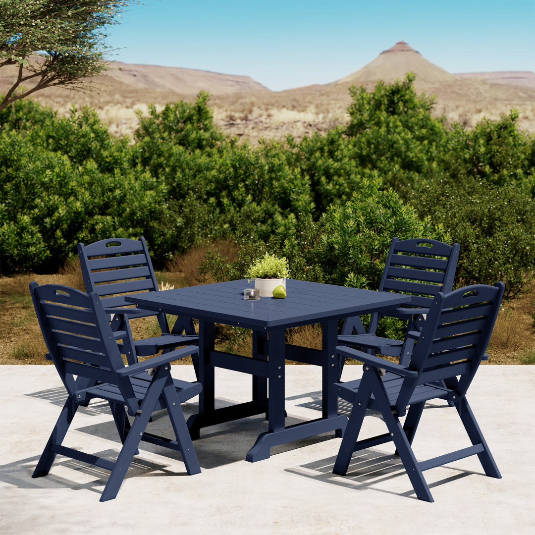 Malibu 5-Piece HDPE Square Patio Dining Table Set with Foldable Chairs