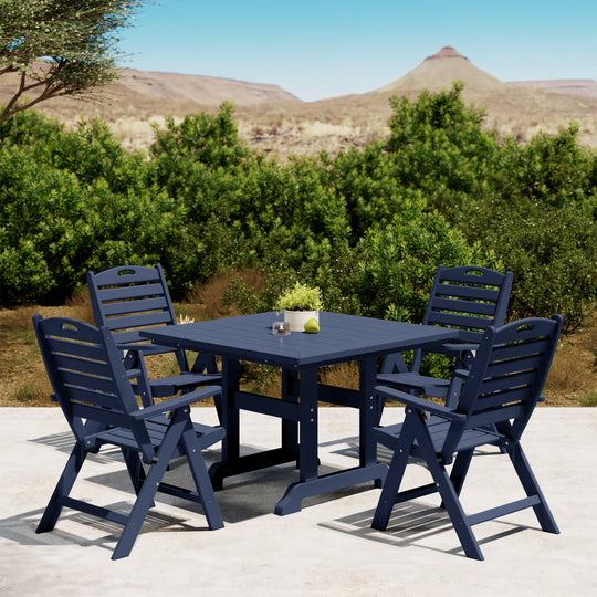 Malibu 5-Piece HDPE Square Patio Dining Table Set with Foldable Chairs
