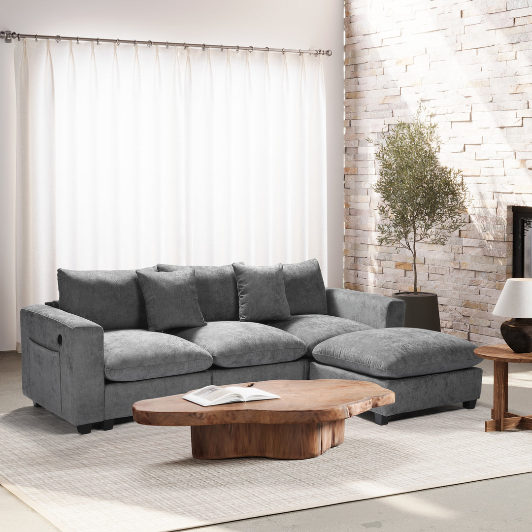 Augusta 99" Modular Chenille L-Shaped Sectional Sofa and Chaise With USB/Type-C Ports and Side Pockets