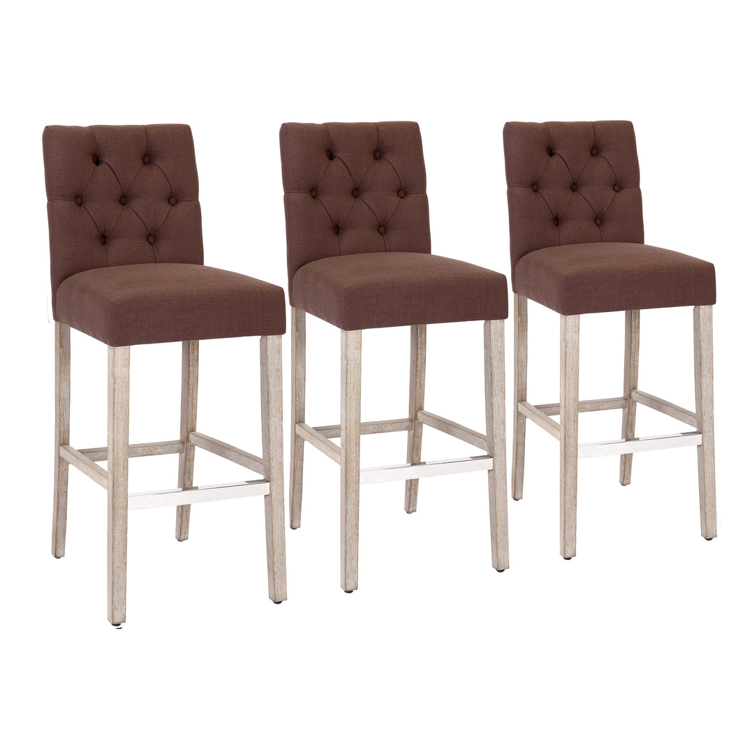 Hayes 29" Linen Fabric Tufted Bar Stool (Set of 3), Antique Gray
