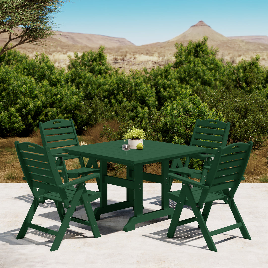 Malibu 5-Piece HDPE Square Patio Dining Table Set with Foldable Chairs