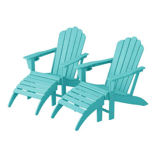 Highland 4-Piece Outdoor Patio HDPE Adirondack Chairs With Ottomans and Cup Holder Set