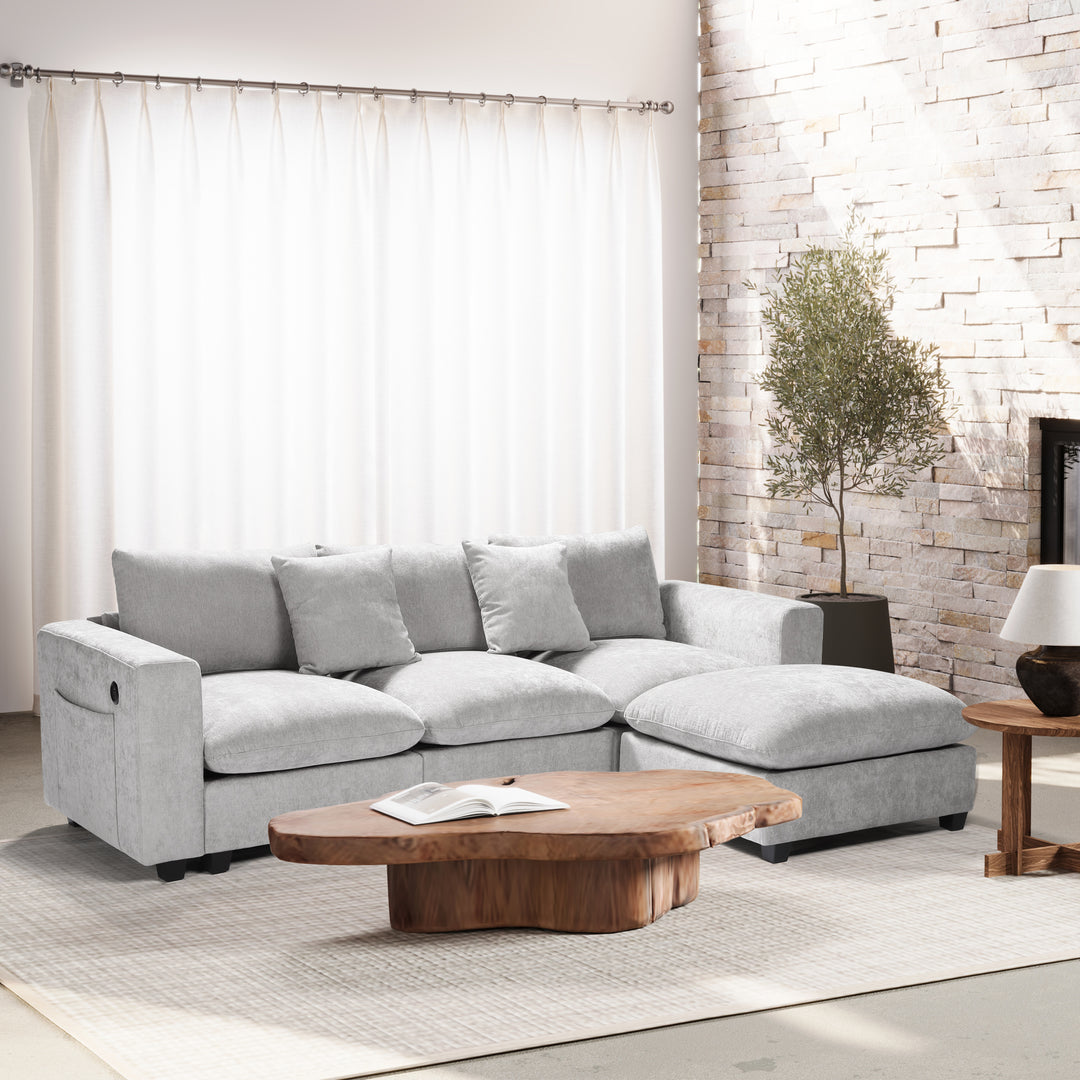 Augusta 99" Modular Chenille L-Shaped Sectional Sofa and Chaise With USB/Type-C Ports and Side Pockets