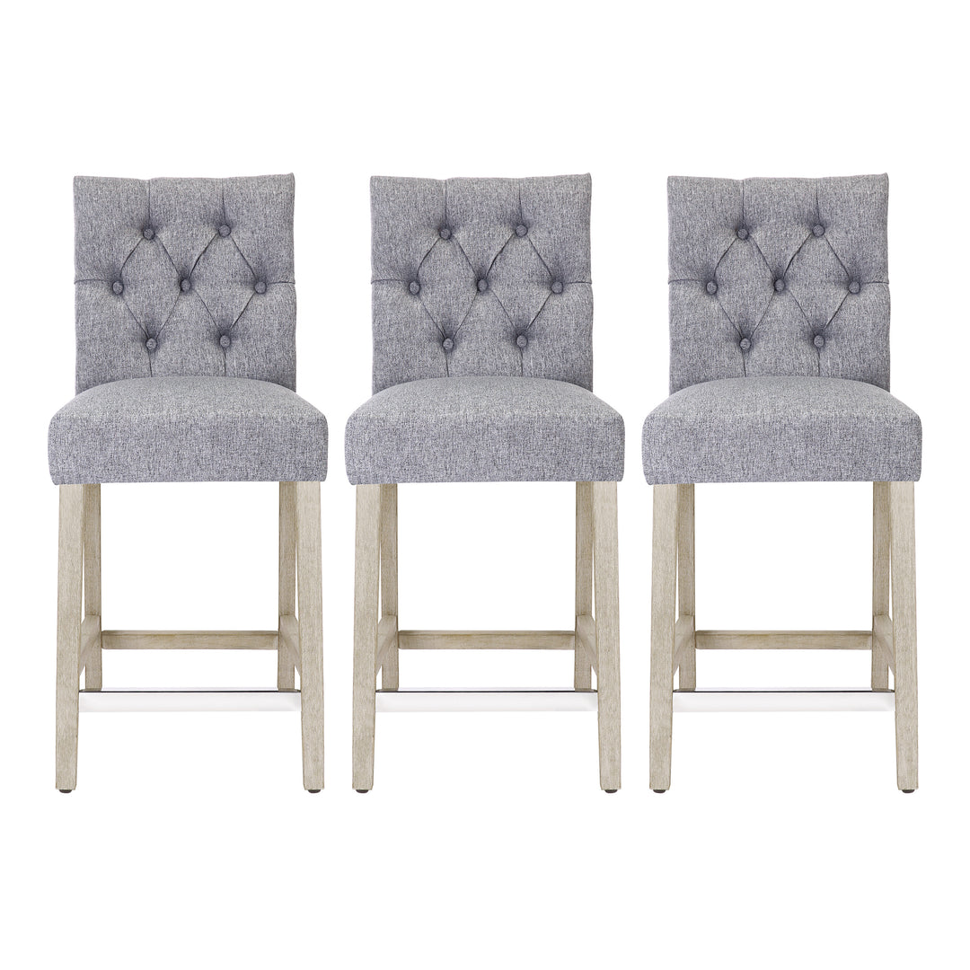 Hayes 24" Linen Fabric Tufted Counter Stool (Set of 3), Antique Gray