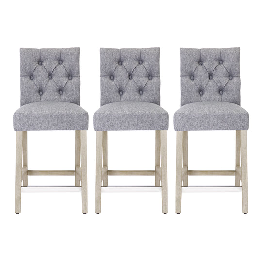 Hayes 24" Linen Fabric Tufted Counter Stool (Set of 3), Antique Gray