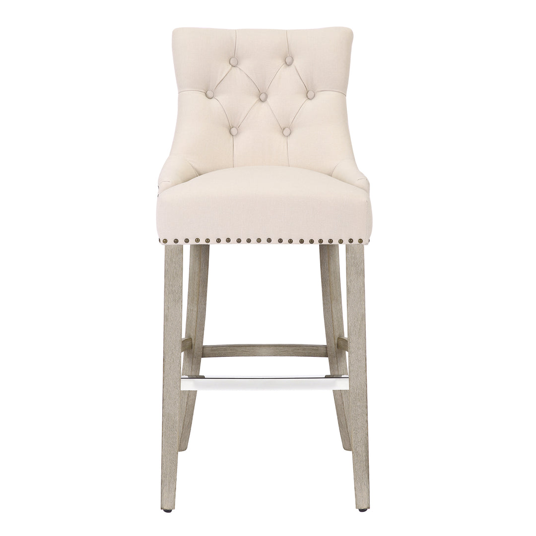 Hayes 29" Upholstered Tufted Wood Bar Stool, Antique Gray