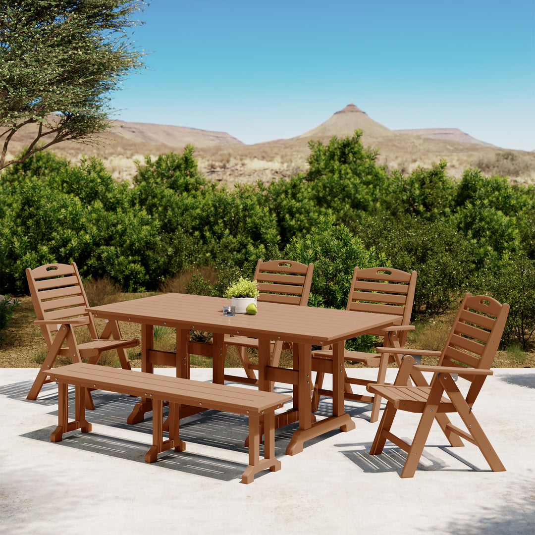 Malibu 6-Piece HDPE Rectangular Patio Dining Table Set with Foldable Chairs and Patio Bench