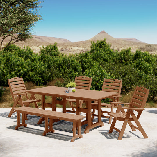 Malibu 6-Piece HDPE Rectangular Patio Dining Table Set with Foldable Chairs and Patio Bench