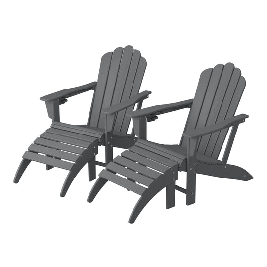 Highland 4-Piece Outdoor Patio HDPE Adirondack Chairs With Ottomans and Cup Holder Set