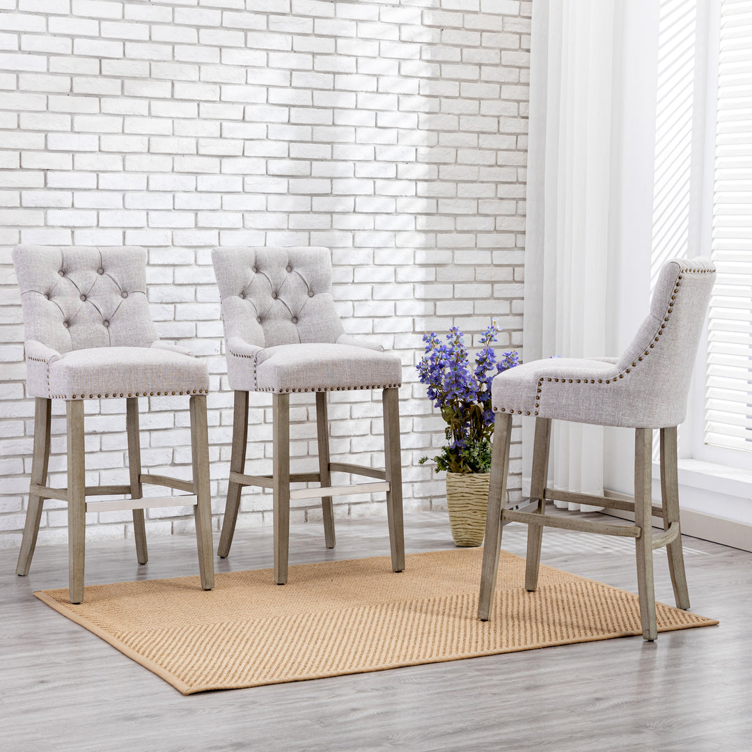 Hayes 29" Upholstered Tufted Wood Bar Stool (Set of 3), Antique Gray