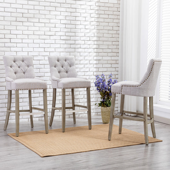 Hayes 29" Upholstered Tufted Wood Bar Stool (Set of 3), Antique Gray