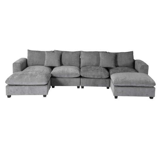 Augusta 128" Chenille Modular U-Shaped Sectional Couch and Chaise With USB/Type-C Ports and Side Pockets