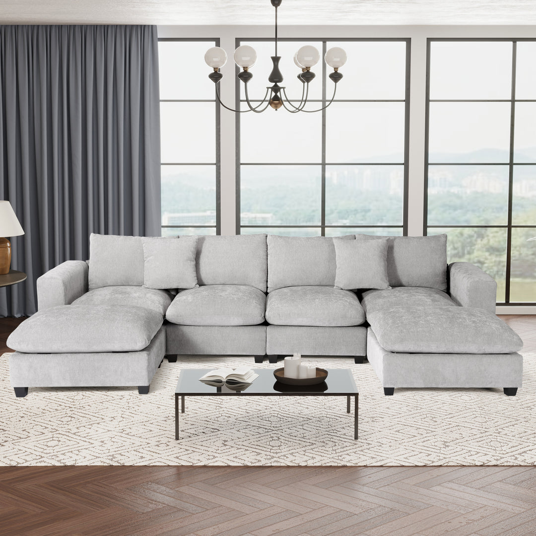 Augusta 128" Chenille Modular U-Shaped Sectional Couch and Chaise With USB/Type-C Ports and Side Pockets