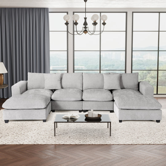 Augusta 128" Chenille Modular U-Shaped Sectional Couch and Chaise With USB/Type-C Ports and Side Pockets