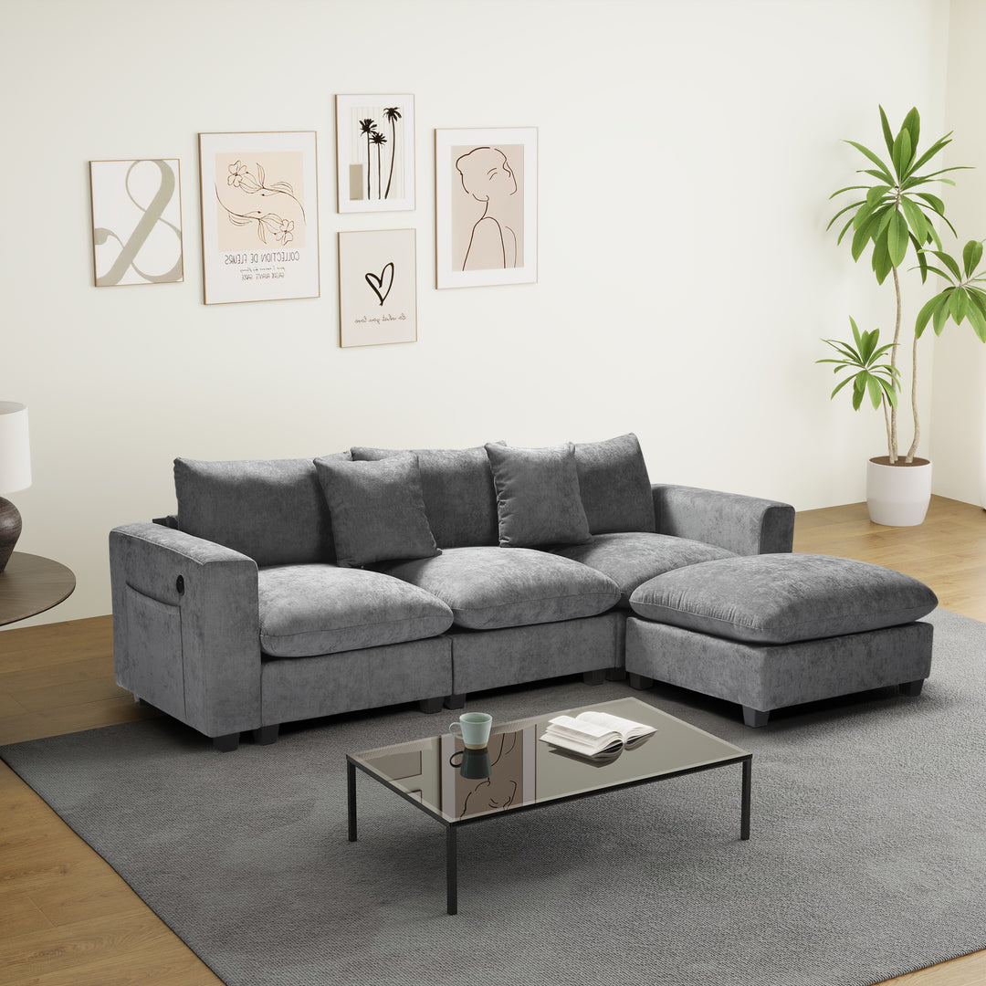 Augusta 99" Modular Chenille L-Shaped Sectional Sofa and Chaise With USB/Type-C Ports and Side Pockets