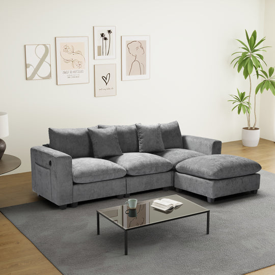 Augusta 99" Modular Chenille L-Shaped Sectional Sofa and Chaise With USB/Type-C Ports and Side Pockets