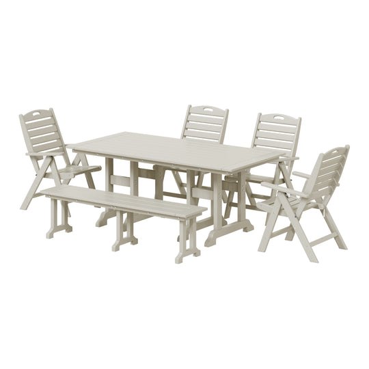Malibu 6-Piece HDPE Rectangular Patio Dining Table Set with Foldable Chairs and Patio Bench