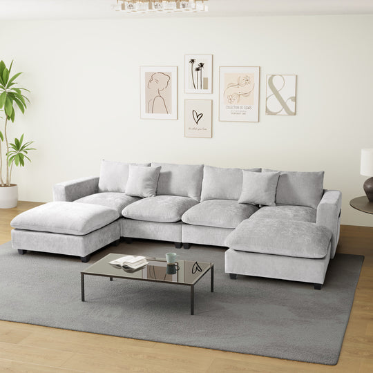 Augusta 128" Chenille Modular U-Shaped Sectional Couch and Chaise With USB/Type-C Ports and Side Pockets