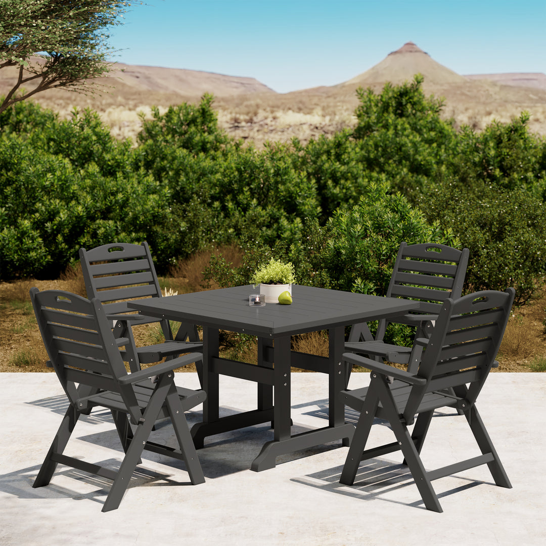 Malibu 5-Piece HDPE Square Patio Dining Table Set with Foldable Chairs