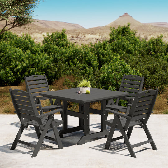 Malibu 5-Piece HDPE Square Patio Dining Table Set with Foldable Chairs