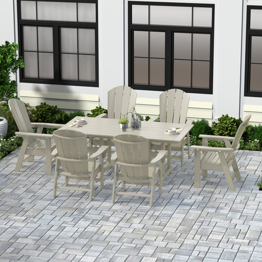 Malibu 7 Piece Outdoor Patio Dining Table and Adirondack Armchair Set