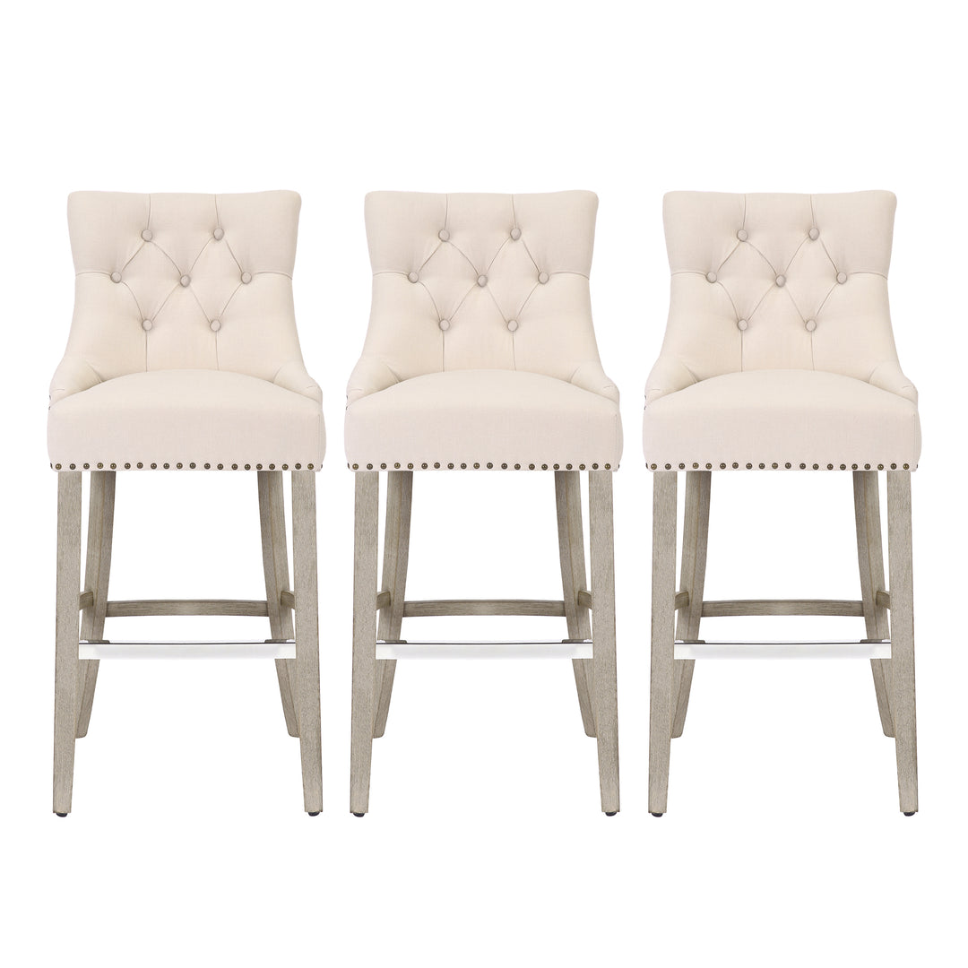 Hayes 29" Upholstered Tufted Wood Bar Stool (Set of 3), Antique Gray