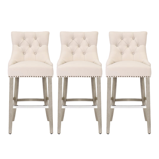 Hayes 29" Upholstered Tufted Wood Bar Stool (Set of 3), Antique Gray