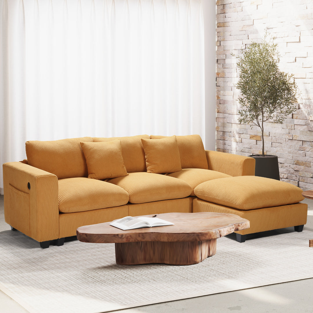 Hearthside 99" Modular Corduroy L-Shaped Sectional Sofa and Chaise With USB/Type-C Ports and Side Pockets
