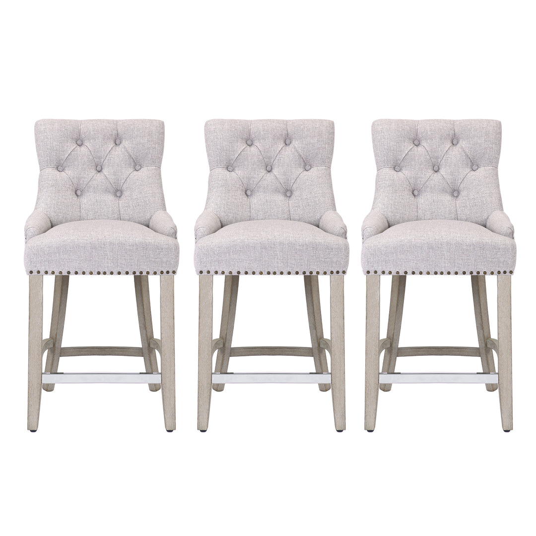 Hayes 24" Upholstered Tufted Wood Bar Stool (Set of 3), Antique Gray
