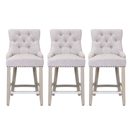 Hayes 24" Upholstered Tufted Wood Bar Stool (Set of 3), Antique Gray