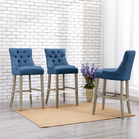 Hayes 29" Upholstered Tufted Wood Bar Stool (Set of 3), Antique Gray