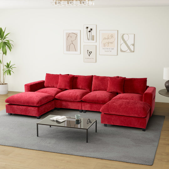 Augusta 128" Chenille Modular U-Shaped Sectional Couch and Chaise With USB/Type-C Ports and Side Pockets