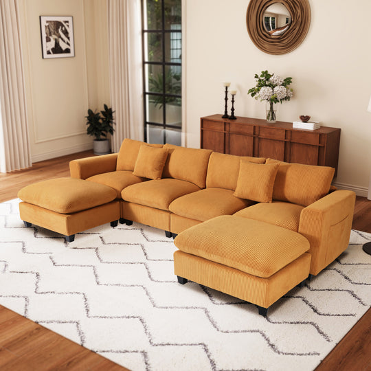 Hearthside 128" Corduroy Modular U-Shaped Sectional Couch and Chaise With USB/Type-C Ports and Side Pockets