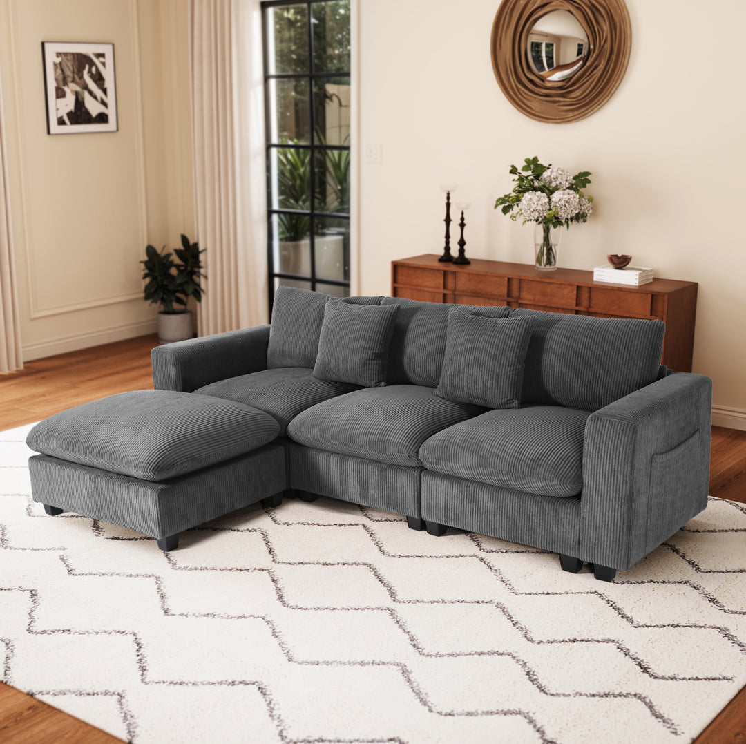 Hearthside 99" Modular Corduroy L-Shaped Sectional Sofa and Chaise With USB/Type-C Ports and Side Pockets