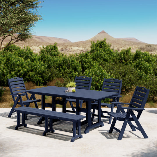 Malibu 6-Piece HDPE Rectangular Patio Dining Table Set with Foldable Chairs and Patio Bench