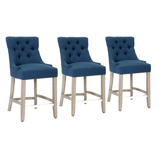 Hayes 24" Upholstered Tufted Wood Bar Stool (Set of 3), Antique Gray