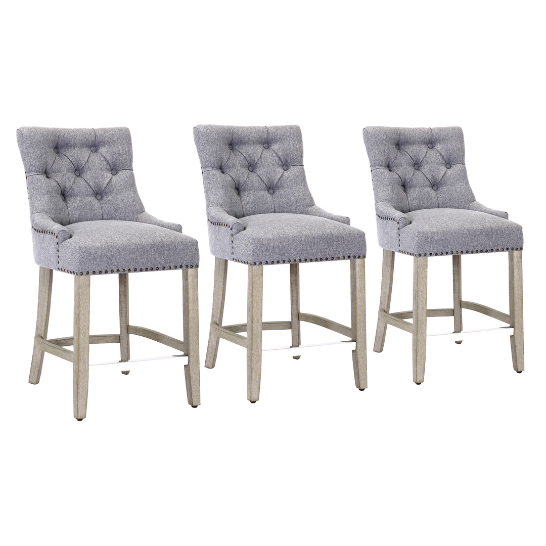 Hayes 24" Upholstered Tufted Wood Bar Stool (Set of 3), Antique Gray