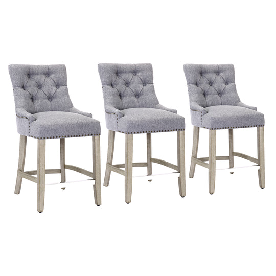 Hayes 24" Upholstered Tufted Wood Bar Stool (Set of 3), Antique Gray