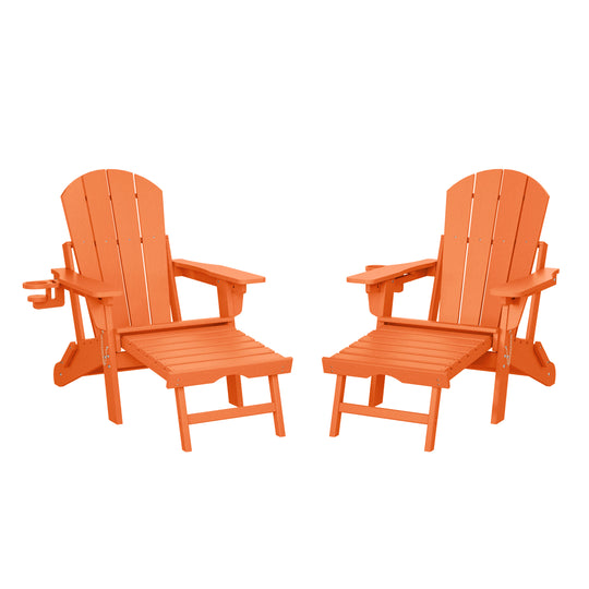 Malibu Folding Adjustable Adirondack Chair with Retractable Ottoman and Cup Holder (Set of 2)