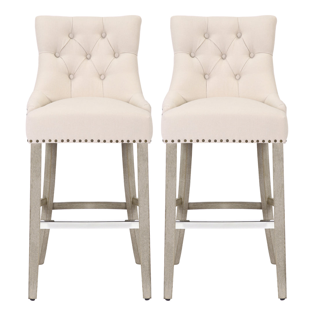Hayes 29" Upholstered Tufted Wood Bar Stool (Set of 2), Antique Gray