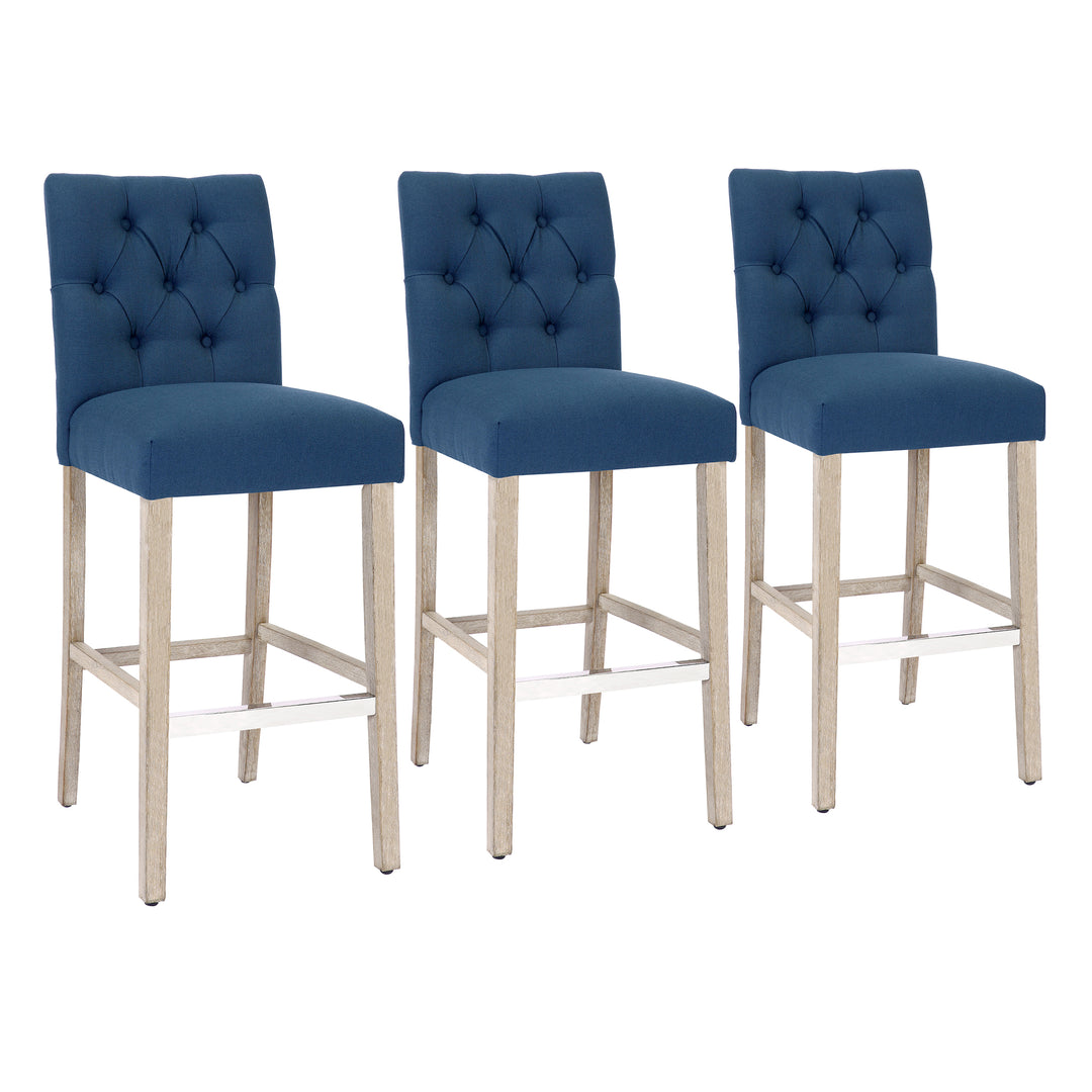 Hayes 29" Linen Fabric Tufted Bar Stool (Set of 3), Antique Gray