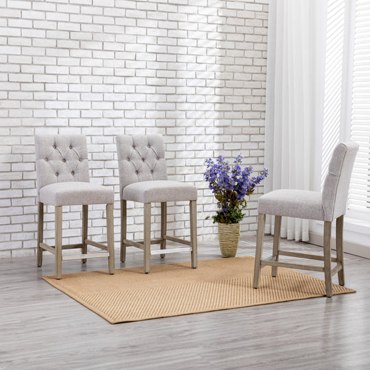 Hayes 24" Linen Fabric Tufted Counter Stool (Set of 3), Antique Gray