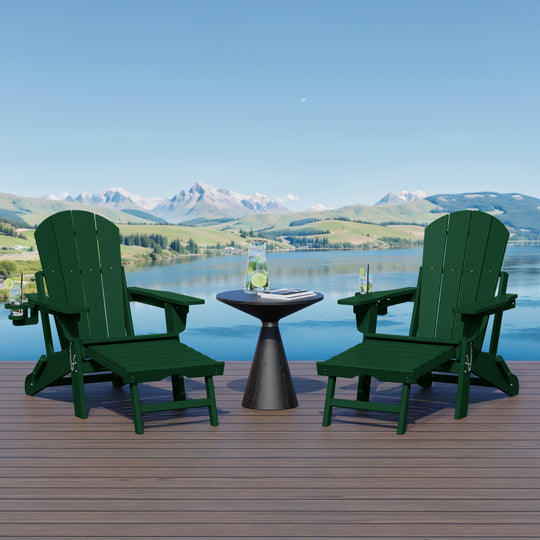 Malibu Folding Adjustable Adirondack Chair with Retractable Ottoman and Cup Holder (Set of 2)