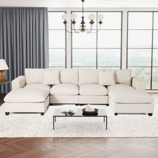 Hearthside 128" Corduroy Modular U-Shaped Sectional Couch and Chaise With USB/Type-C Ports and Side Pockets