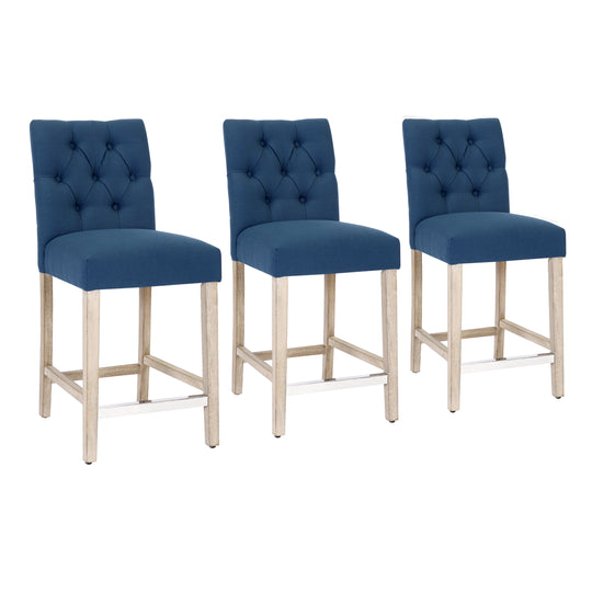 Hayes 24" Linen Fabric Tufted Counter Stool (Set of 3), Antique Gray